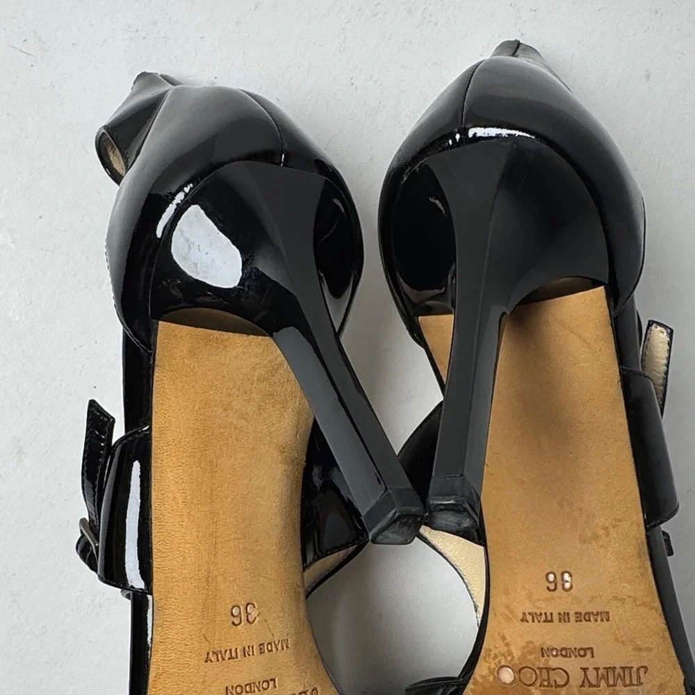 JIMMY CHOO Lotus Glossy Black‎ Patent Leather Cut Out Strappy 3" Heels Size 36 - Picture 9 of 15